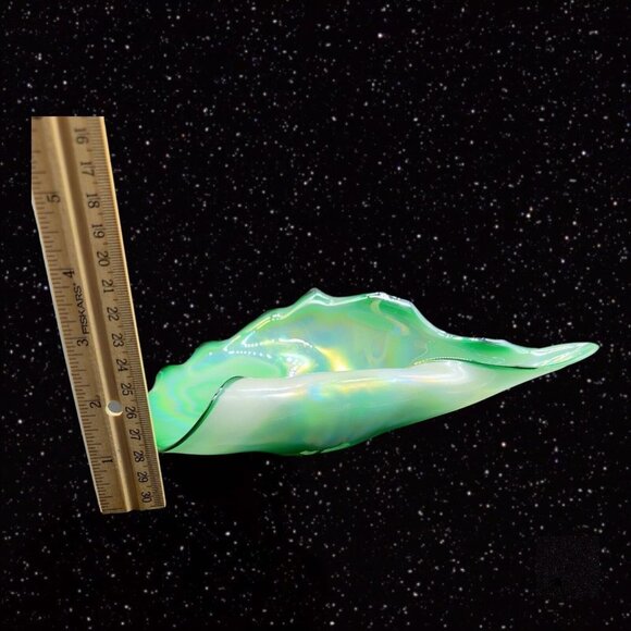 Polish Art Glass Folded Bowl Dish Glass Green Iridescent Poland Vintage 10”W 2”T - Picture 9 of 16